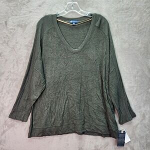 Democracy Womens‎ 2X Olive Green Waffle Knit V Neck Long Sleeve Casual Tunic Top